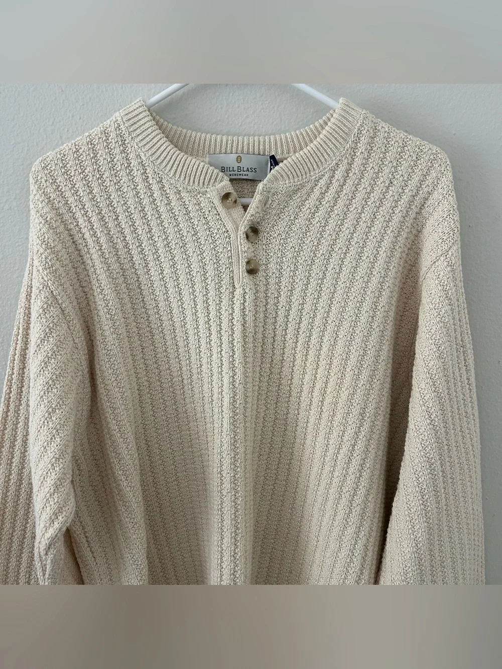 VTG Henley Knit Sweater 100% Cotton 90s Cream USA Made Bill Blass Sz M Fisherman